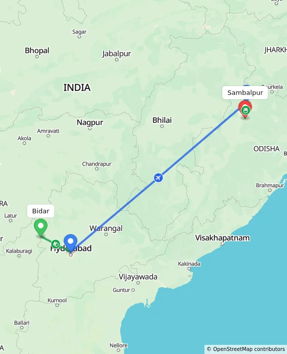 Route map showing distance and travel time from Bidar, India to Sambalpur, India