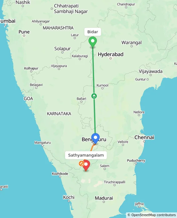 Route map showing distance and travel time from Bidar, India to Sathyamangalam, India