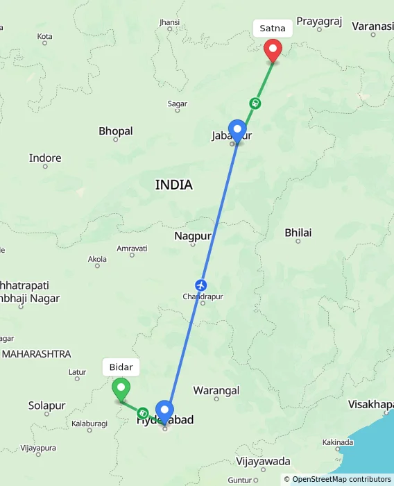 Route map showing distance and travel time from Bidar, India to Satna, India