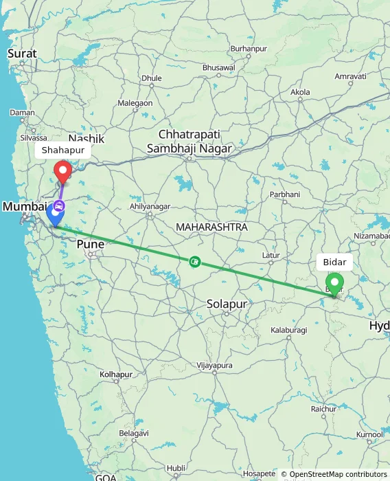 Route map showing distance and travel time from Bidar, India to Shahapur, India