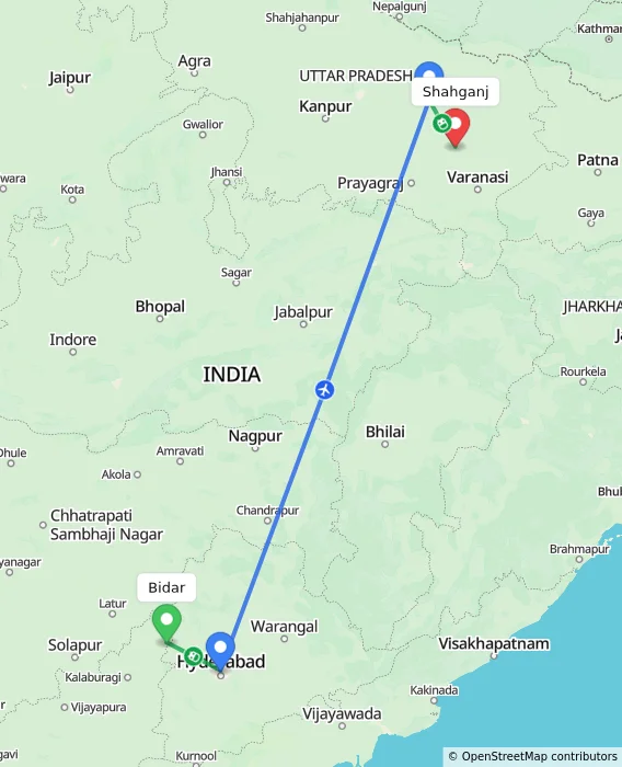 Route map showing distance and travel time from Bidar, India to Shahganj, India
