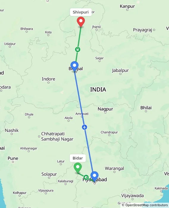 Route map showing distance and travel time from Bidar, India to Shivpuri, India