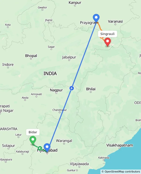 Route map showing distance and travel time from Bidar, India to Singrauli, India