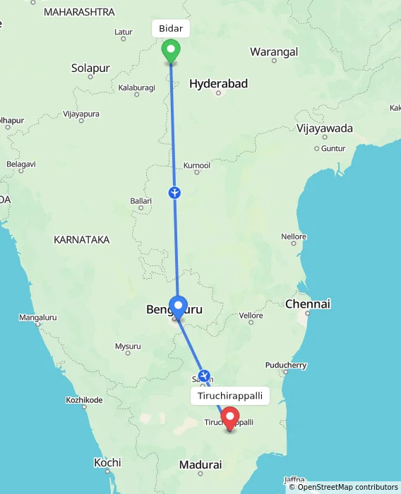 Route map showing distance and travel time from Bidar, India to Tiruchirappalli, India