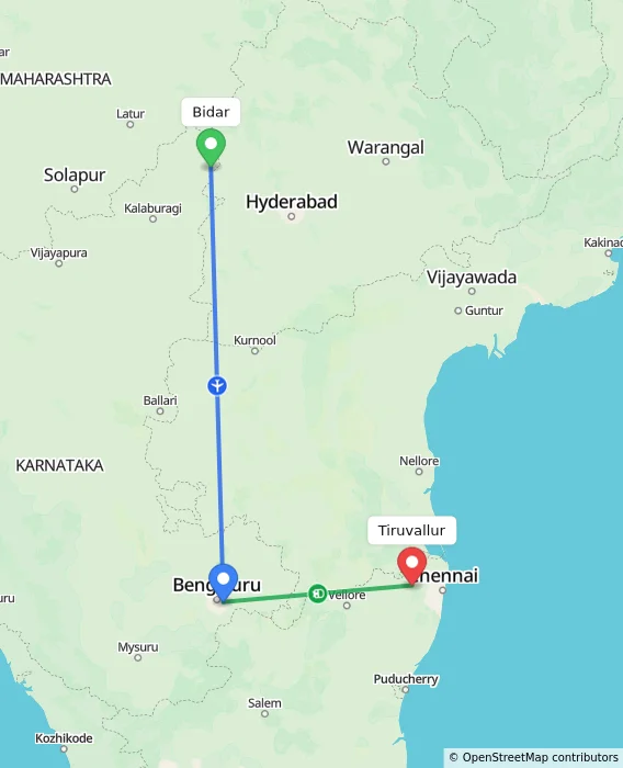 Route map showing distance and travel time from Bidar, India to Tiruvallur, India