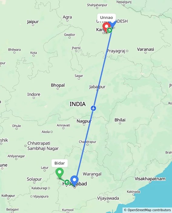 Route map showing distance and travel time from Bidar, India to Unnao, India