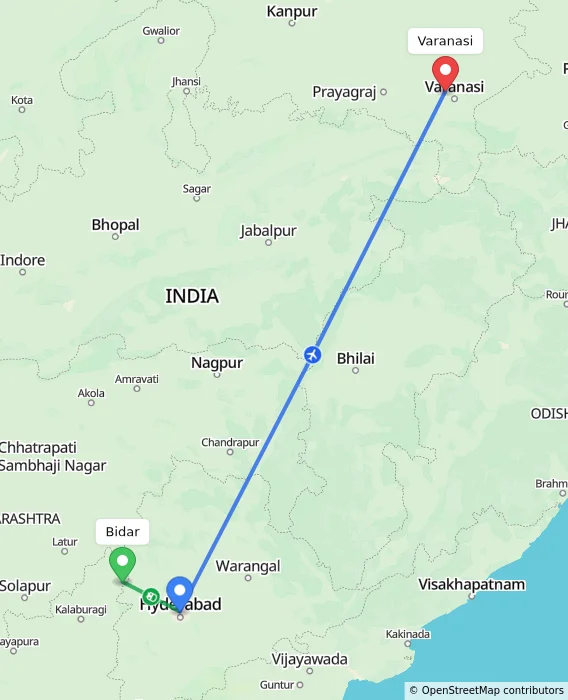 Route map showing distance and travel time from Bidar, India to Varanasi, India