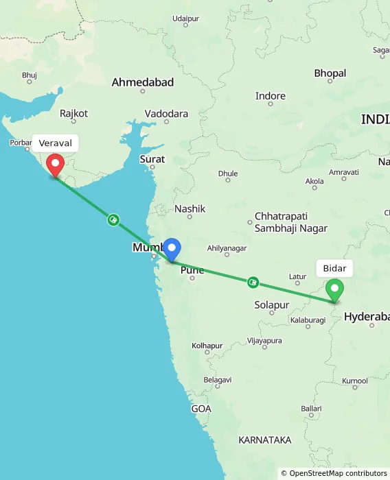 Route map showing distance and travel time from Bidar, India to Veraval, India