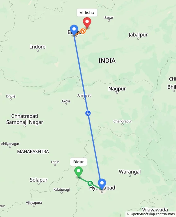 Route map showing distance and travel time from Bidar, India to Vidisha, India