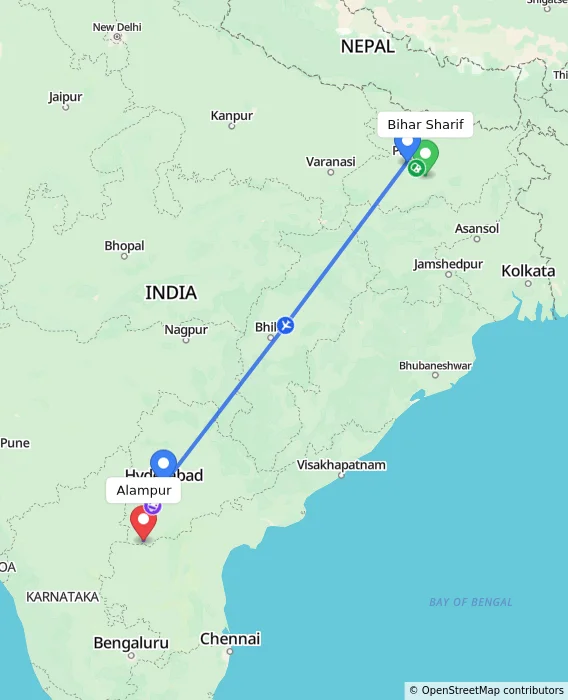 Route map showing distance and travel time from Bihar Sharif, India to Alampur, India