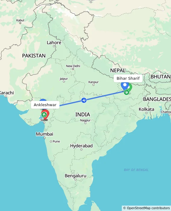 Route map showing distance and travel time from Bihar Sharif, India to Ankleshwar, India