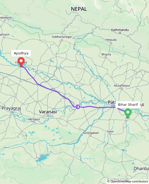 Route map showing distance and travel time from Bihar Sharif, India to Ayodhya, India
