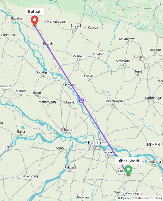 Route map showing distance and travel time from Bihar Sharif, India to Bettiah, India