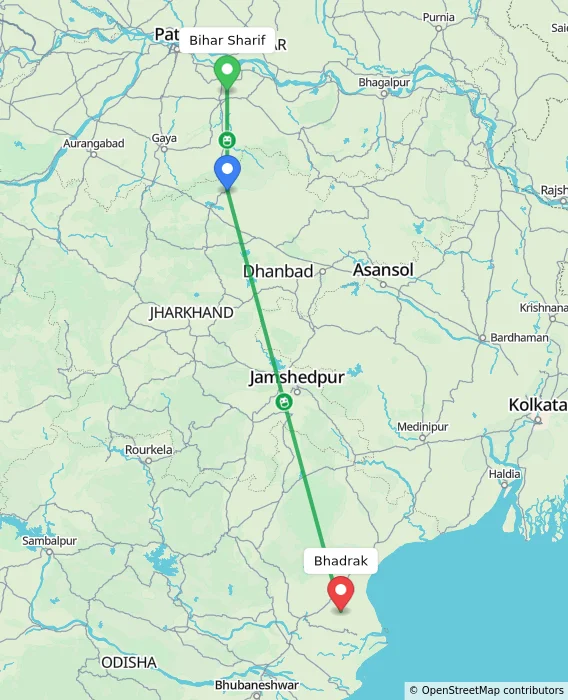 Route map showing distance and travel time from Bihar Sharif, India to Bhadrak, India