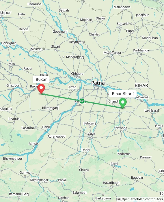 Route map showing distance and travel time from Bihar Sharif, India to Buxar, India