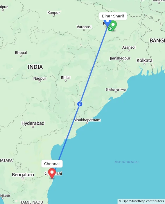 Route map showing distance and travel time from Bihar Sharif, India to Chennai, India