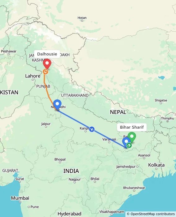 Route map showing distance and travel time from Bihar Sharif, India to Dalhousie, India