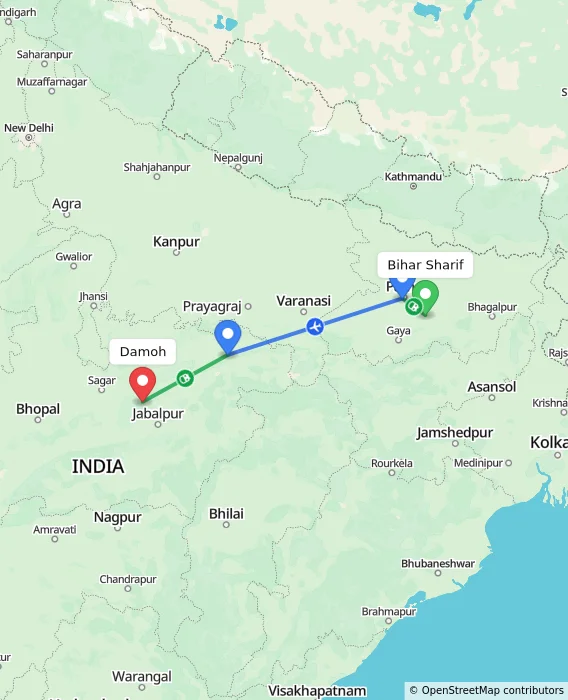 Route map showing distance and travel time from Bihar Sharif, India to Damoh, India