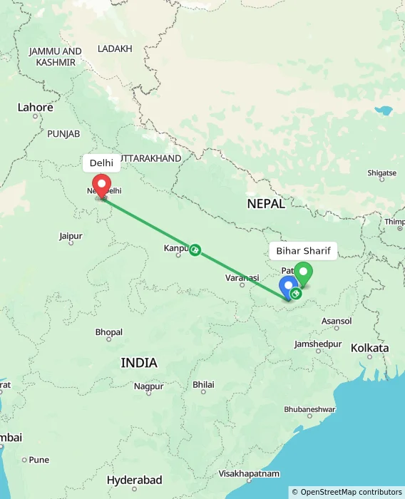Route map showing distance and travel time from Bihar Sharif, India to Delhi, India