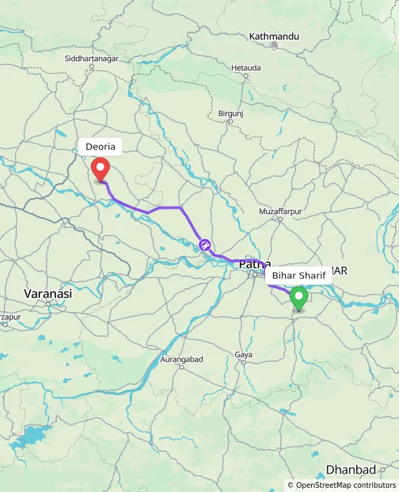Route map showing distance and travel time from Bihar Sharif, India to Deoria, India
