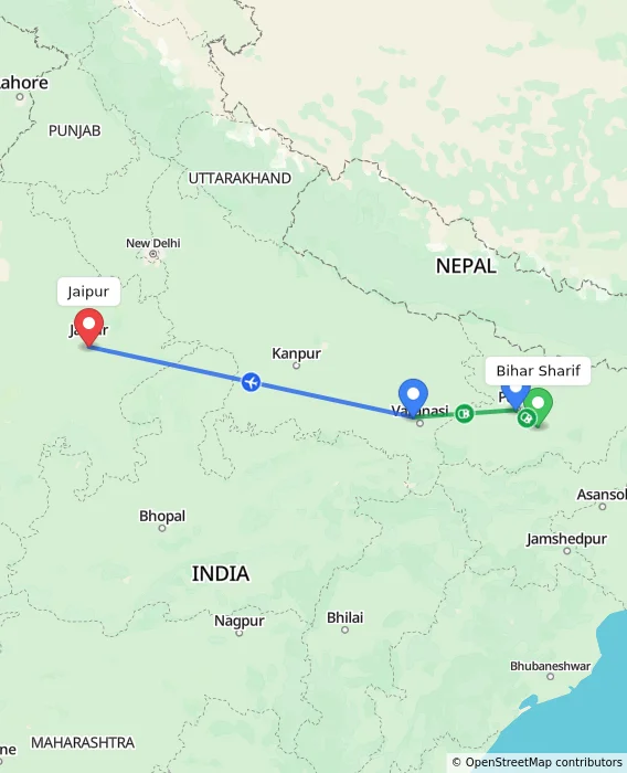 Route map showing distance and travel time from Bihar Sharif, India to Jaipur, India