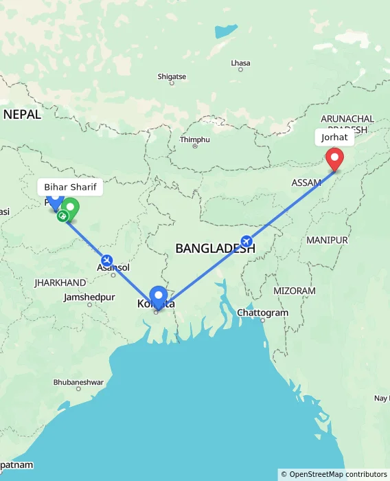 Route map showing distance and travel time from Bihar Sharif, India to Jorhat, India