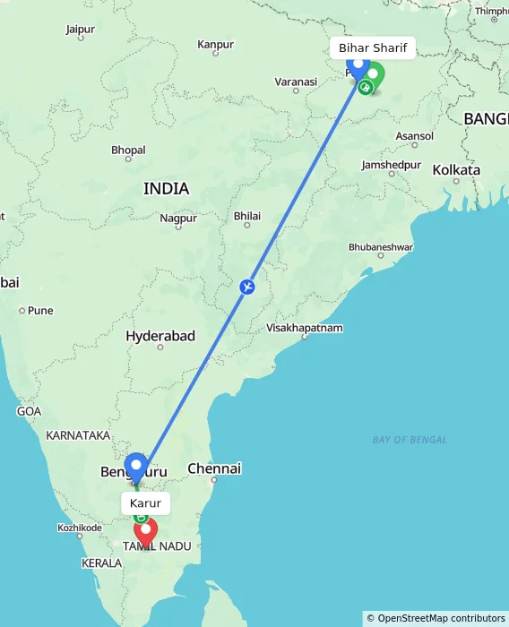 Route map showing distance and travel time from Bihar Sharif, India to Karur, India