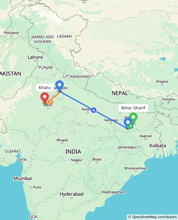 Route map showing distance and travel time from Bihar Sharif, India to Khatu, India