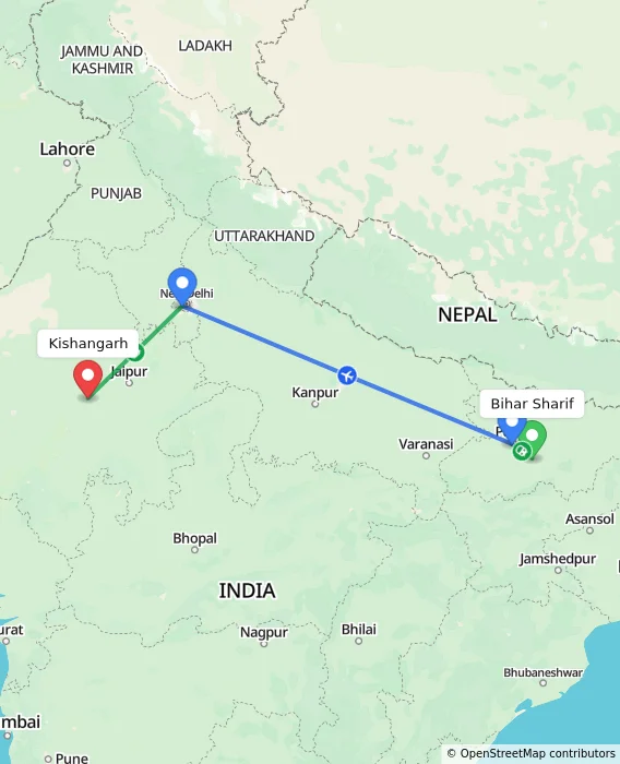 Route map showing distance and travel time from Bihar Sharif, India to Kishangarh, India