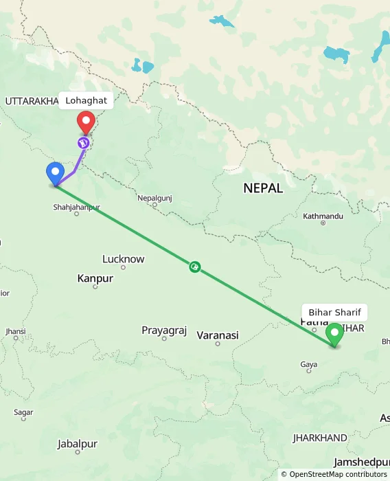 Route map showing distance and travel time from Bihar Sharif, India to Lohaghat, India