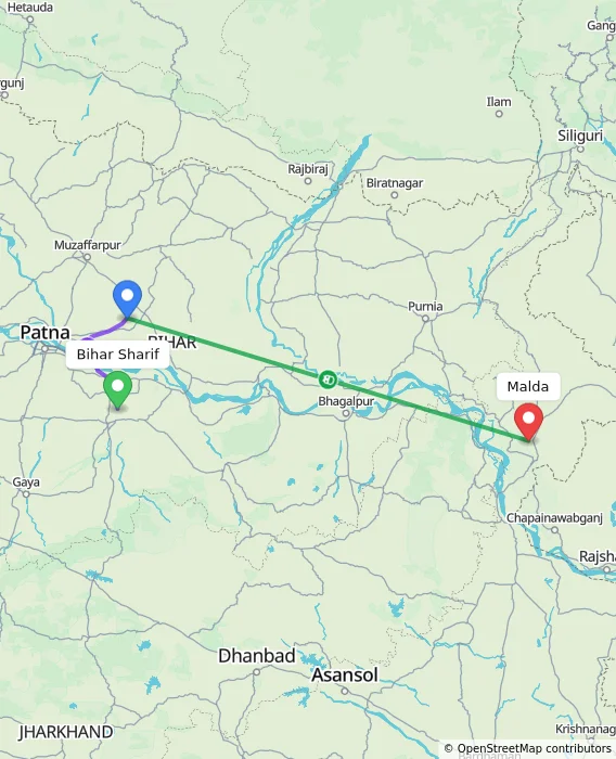 Route map showing distance and travel time from Bihar Sharif, India to Malda, India
