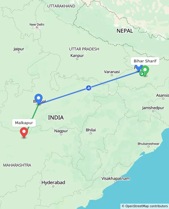 Route map showing distance and travel time from Bihar Sharif, India to Malkapur, India
