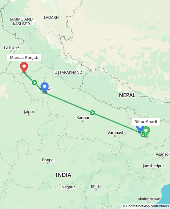 Route map showing distance and travel time from Bihar Sharif, India to Mansa, Punjab, India