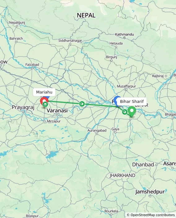 Route map showing distance and travel time from Bihar Sharif, India to Mariahu, India