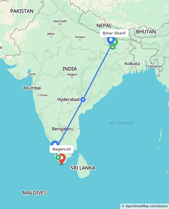 Route map showing distance and travel time from Bihar Sharif, India to Nagercoil, India