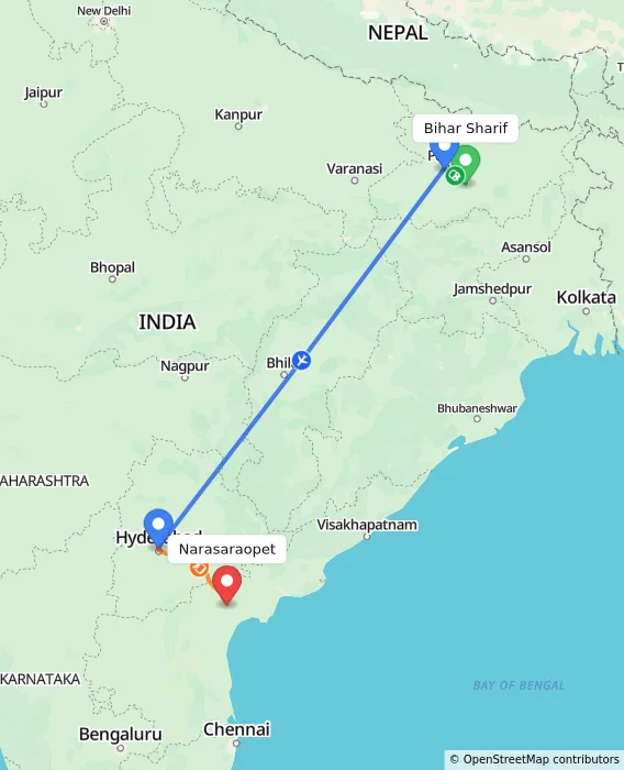 Route map showing distance and travel time from Bihar Sharif, India to Narasaraopet, India
