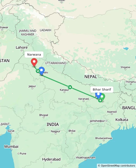 Route map showing distance and travel time from Bihar Sharif, India to Narwana, India