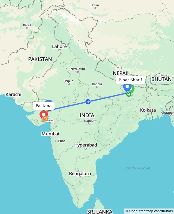 Route map showing distance and travel time from Bihar Sharif, India to Palitana, India