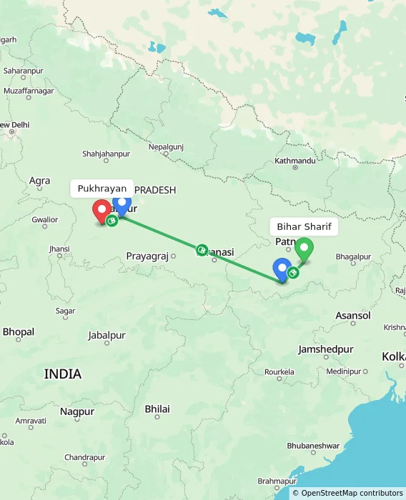 Route map showing distance and travel time from Bihar Sharif, India to Pukhrayan, India