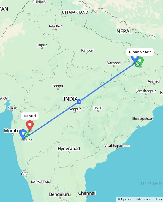 Route map showing distance and travel time from Bihar Sharif, India to Rahuri, India
