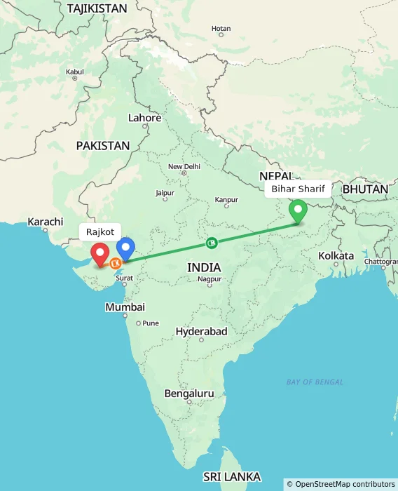 Route map showing distance and travel time from Bihar Sharif, India to Rajkot, India