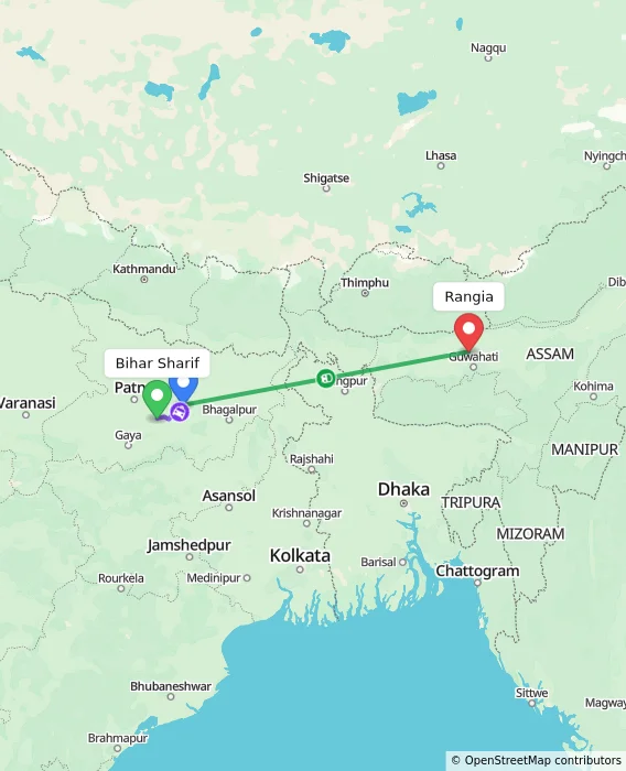 Route map showing distance and travel time from Bihar Sharif, India to Rangia, India