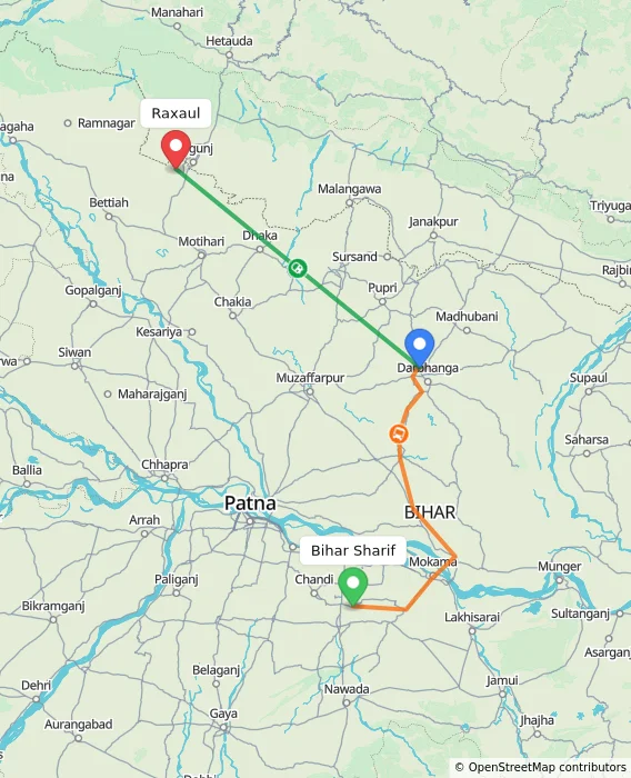 Route map showing distance and travel time from Bihar Sharif, India to Raxaul, India