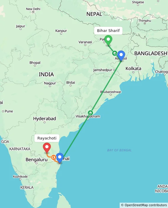 Route map showing distance and travel time from Bihar Sharif, India to Rayachoti, India