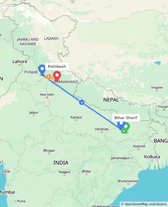 Route map showing distance and travel time from Bihar Sharif, India to Rishikesh, India