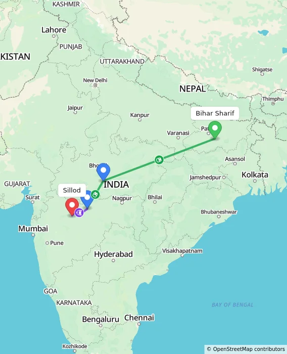 Route map showing distance and travel time from Bihar Sharif, India to Sillod, India