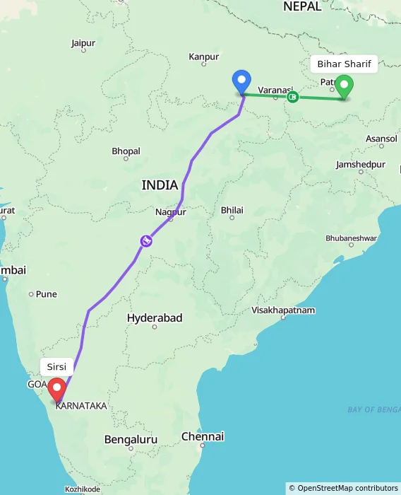 Route map showing distance and travel time from Bihar Sharif, India to Sirsi, India