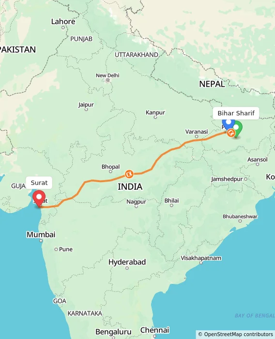 Route map showing distance and travel time from Bihar Sharif, India to Surat, India