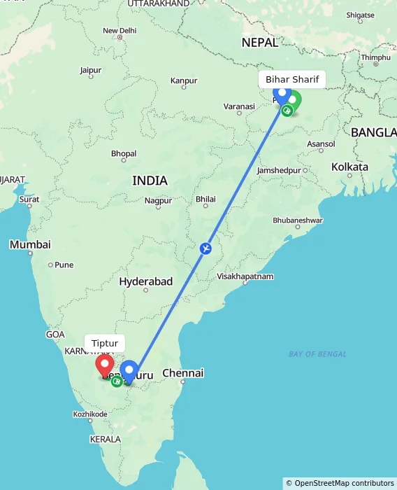 Route map showing distance and travel time from Bihar Sharif, India to Tiptur, India