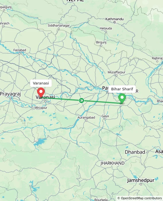 Route map showing distance and travel time from Bihar Sharif, India to Varanasi, India